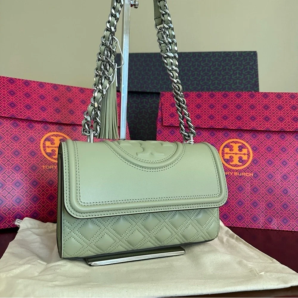 Tory Burch Olive Green Quilted Leather Shoulder Bag with Chain Strap
